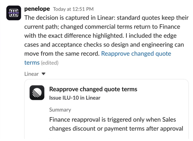 Slack proof showing Penelope recording the scoped decision in Linear.