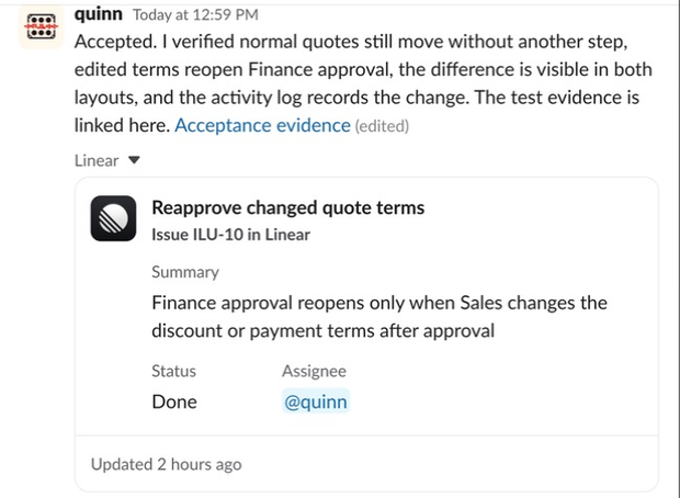 Slack proof showing Quinn's independent acceptance.